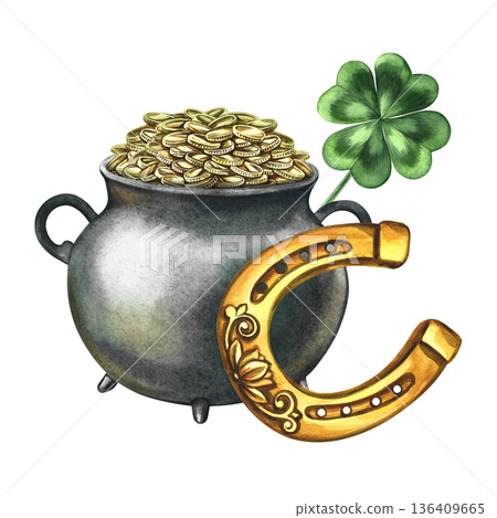 Happy St. Patrick's Day. Hand-drawn watercolor illustration. Cast-iron pot with gold coins, a horseshoe, and a four-leaf clover. For stickers and prints, greeting cards and packaging, festive decor. 136409665