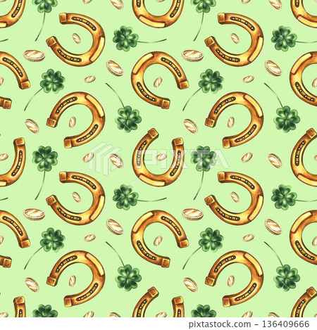 Seamless pattern with horseshoes, four-leaf clovers, and coins. Hand-drawn watercolor illustration. On a green background. For backgrounds, textiles, wrapping paper, packaging, holiday decor and more 136409666