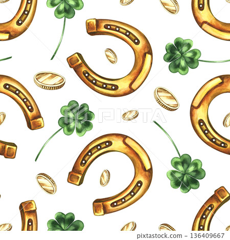 Seamless pattern with horseshoes, four-leaf clovers, and coins. Hand-drawn watercolor illustration. Used for backgrounds, textiles, wrapping paper, packaging, holiday decor, and more. 136409667