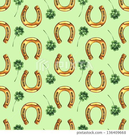 Seamless pattern with horseshoes and four-leaf clover. Hand-drawn watercolor illustration. On a green background. Used for backgrounds, textiles, wrapping paper, packaging, holiday decor, and more. Seamless pattern with horseshoes and four-leaf clover. Hand-drawn watercolor illustration. On a green background. Used for backgrounds, textiles, wrapping paper, packaging, holiday decor, and more. 136409668