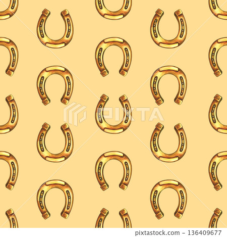 Seamless pattern with horseshoes. Hand-drawn watercolor illustration. Symbol of success and good luck. Used for backgrounds, textiles, wrapping paper, packaging, holiday decor, and more. Seamless pattern with horseshoes. Hand-drawn watercolor illustration. Symbol of success and good luck. Used for backgrounds, textiles, wrapping paper, packaging, holiday decor, and more. 136409677