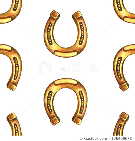 Seamless pattern with horseshoes. Hand-drawn watercolor illustration. Symbol of success and good luck. Used for backgrounds, textiles, wrapping paper, packaging, holiday decor, and more. 136409678