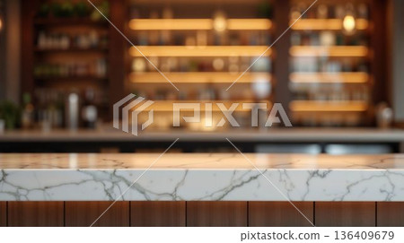 Blurred bar interior with marble counter background scene Blurred bar interior with marble counter background scene 136409679