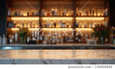 Blurred bar pub interior with marble counter background 136409680