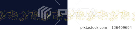 Luxury Gold Currant Wreaths and Seamless Borders Set on Dark Navy Blue and White Background. Isolated Botanical Outline Berries with Leaves Horizontal Template. Vector illustration 136409694
