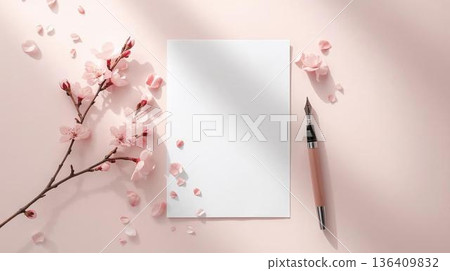 春意盎然的白色信紙，上面印著櫻花枝和鋼筆圖案 136409832