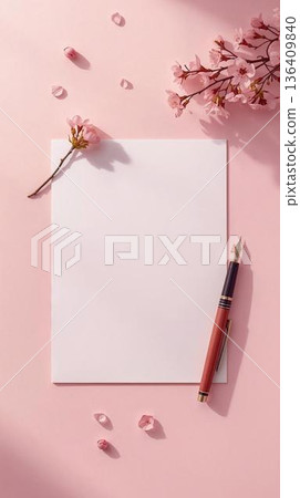 春意盎然的白色信紙，上面印著櫻花枝和鋼筆圖案 136409840