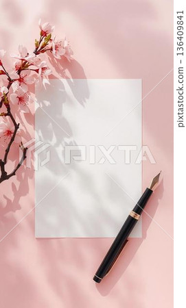 Spring white letter paper with a cherry blossom branch and a fountain pen 136409841