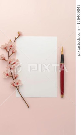春意盎然的白色信紙，上面印著櫻花枝和鋼筆圖案 136409842