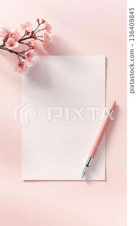 春意盎然的白色信紙，上面印著櫻花枝和鋼筆圖案 136409845