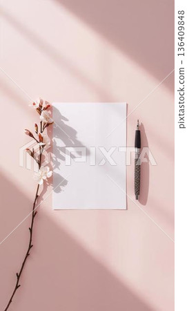 春意盎然的白色信紙，上面印著櫻花枝和鋼筆圖案 136409848