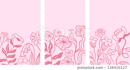 Vintage hand drawn floral print and poster templates collection. Vertical card backgrounds set. 136410127