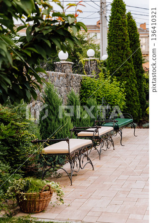 Wrought iron benches along paved garden path with stone wall and tall evergreens 136410321