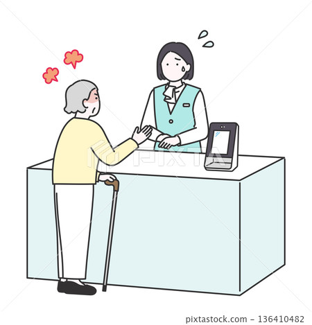 Illustration of a business woman having trouble dealing with elderly complainers Illustration of a business woman having trouble dealing with elderly complainers 136410482