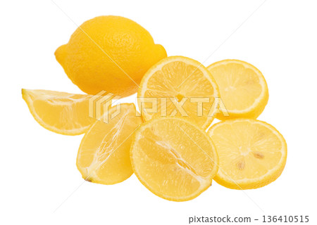 Yellow ripe lemons whole and cut isolated on white. Citrus fruit, lemon. 136410515