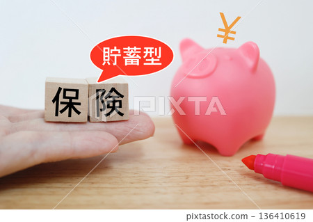 Image of savings insurance. Piggy bank and insurance blocks. Image of savings insurance. Piggy bank and insurance blocks. 136410619