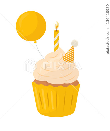 A yellow balloon, a party hat with a candle, and a cupcake with cream. Vector illustration in pastel colors. Birthday dessert icon. Suitable for invitations, cards, posters, stickers, advertising, and A yellow balloon, a party hat with a candle, and a cupcake with cream. Vector illustration in pastel colors. Birthday dessert icon. Suitable for invitations, cards, posters, stickers, advertising, and 136410920