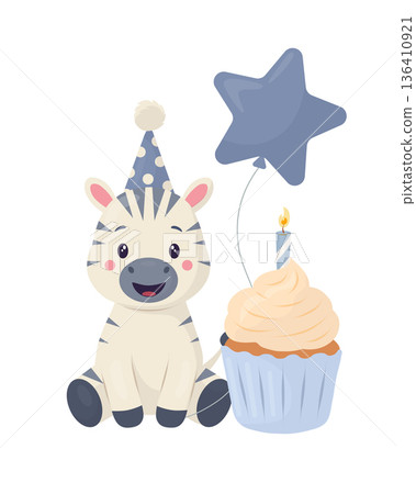Adorable baby zebra character in a party hat, sitting with a birthday cupcake and lit candle, plus a star balloon. Flat vector illustration for kids invitations, greeting cards, nursery decor, party Adorable baby zebra character in a party hat, sitting with a birthday cupcake and lit candle, plus a star balloon. Flat vector illustration for kids invitations, greeting cards, nursery decor, party 136410921