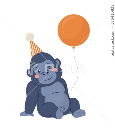 Baby gorilla in party hat holding an orange balloon. Pastel flat vector with gentle shading. Safari animal character clipart on white. For kid birthdays, invitations, cards, posters, nursery decor ad. Baby gorilla in party hat holding an orange balloon. Pastel flat vector with gentle shading. Safari animal character clipart on white. For kid birthdays, invitations, cards, posters, nursery decor ad. 136410922
