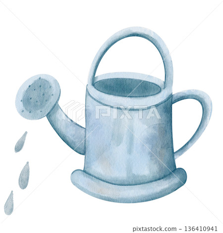 Watercolor illustration of blue metallic watering can with water droplets. Isolated on white background, hand-drawn. For garden and rustic decor, packaging, and cheerful botanical design materials Watercolor illustration of blue metallic watering can with water droplets. Isolated on white background, hand-drawn. For garden and rustic decor, packaging, and cheerful botanical design materials 136410941