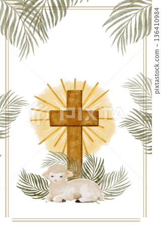 Cross with radiant golden halo, resting lamb framed by palm leaves watercolor template ideal for Easter designs, faith projects, invitations, posters and spiritual backgrounds. Peaceful composition Cross with radiant golden halo, resting lamb framed by palm leaves watercolor template ideal for Easter designs, faith projects, invitations, posters and spiritual backgrounds. Peaceful composition 136410984