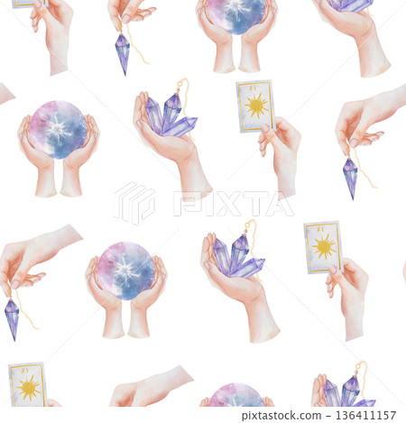 Seamless watercolor pattern with hands holding magical attributes: a crystal ball, purple crystals, a pendulum on a chain, and the Sun tarot card. Esoteric design for textiles, printing, and decor 136411157