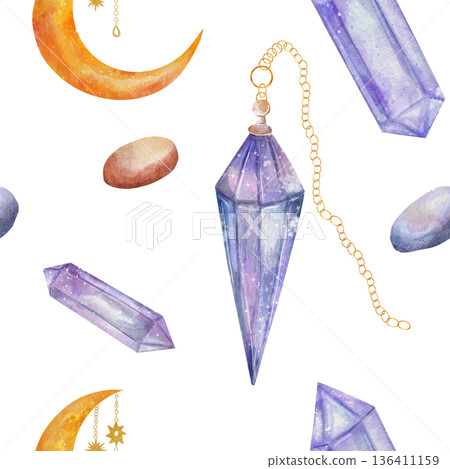 Watercolor seamless pattern with crystal pendulum, purple crystals, and crescent moon on white background. Mystical and elegant illustrations for design decor, greeting cards, textiles, and printing 136411159