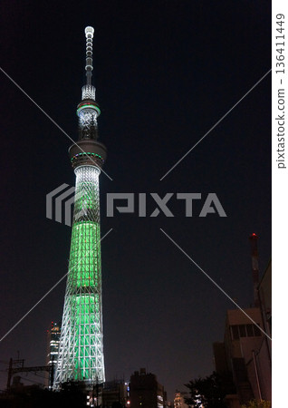 The green Tokyo Skytree shining in the night sky The green Tokyo Skytree shining in the night sky 136411449