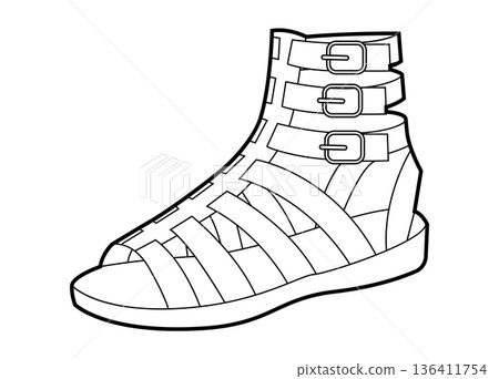 Gladiator wedge sandal shoe women single line. Buckle strap high gladiator sandal for festival vacation look. Technical  136411754