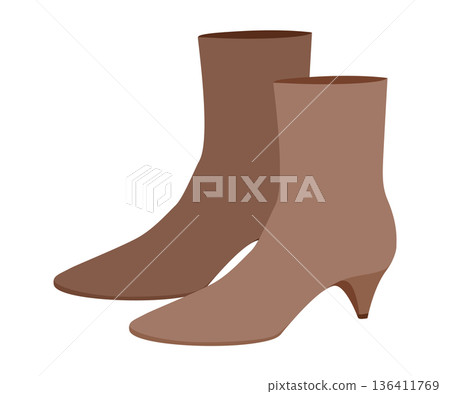 Brown curved kitten heel boot women color pair. Contoured shaft with low heel elegance, luxury event and look. Brown curved kitten heel boot women color pair. Contoured shaft with low heel elegance, luxury event and look. 136411769