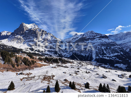 Wetterhorn and Schreckhorn Mountains in Winter. Switzerland. Aerial View 136411813