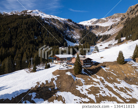 Bort Gondola Lift Cable Car Station. Grindelwald, Switzerland. Aerial View 136411815