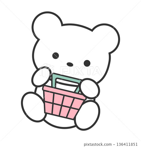 可愛的熊角色插圖，坐在購物車旁，粉紅色 136411851