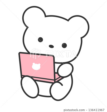 粉紅小熊操作電腦，遠距辦公/辦公室工作姿勢，透明PNG素材 136411967