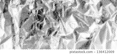 Halftone rough wrinkled foil background. Dotted crumpled metallic overlay. Black creased bitmap texture. Pixelated creasy surface in comic pop art style. Vector grain cartoon gritty paper wallpaper 136412009