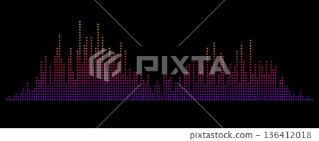 Purple red yellow abstract equalizer shape design. Dotted music sound wave element. Audio radio signal visualization concept. Shining digital voice assistant pattern. Song track sample player. Vector 136412018