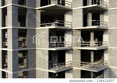 Residential Building Under Construction with Concrete Block Walls. High quality photo 136412057