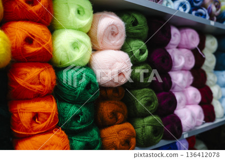 Knitting Yarn Balls and Skeins. High quality photo Knitting Yarn Balls and Skeins. High quality photo 136412078
