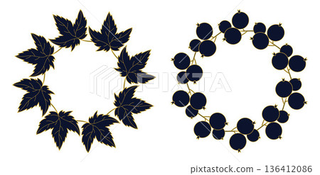 Dark Blue Currant with Gold Outline Wreaths Set. Isolated Leaf and Berry Circle Frames. Bold Botanical Template with Empty Copy Space. Vector illustration Dark Blue Currant with Gold Outline Wreaths Set. Isolated Leaf and Berry Circle Frames. Bold Botanical Template with Empty Copy Space. Vector illustration 136412086