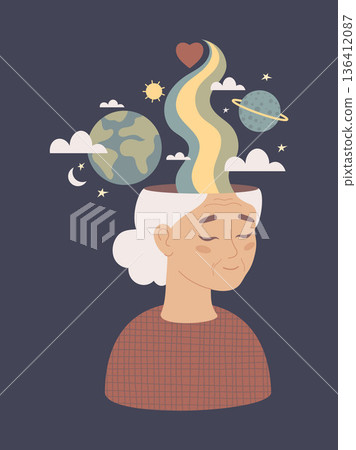 Mental Health and Mindfulness of Senior Woman. Elderly Lady with Open Mind, Planets, Rainbow and Cosmic Inner World. Emotion, Harmony, and Life Experiences. Vector Flat Illustration. Not AI 136412087