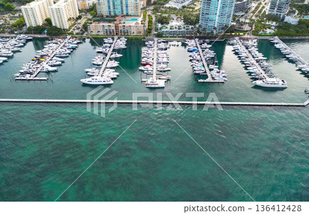 Yacht club. Marina in Miami, Florida. Luxurious lifestyle. Downtown Miami marina with luxury yacht. Summer vacation. Luxury South beach aerial marina. Luxury yacht. Miami south beach aerial view 136412428