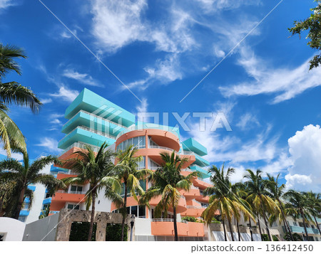 Art Deco building architecture. Architectural building. Art deco architectural district. Art Deco. Modern building of Miami beach, Florida. Ocean drive. Miami South Beach in Ocean Drive. Modernity 136412450