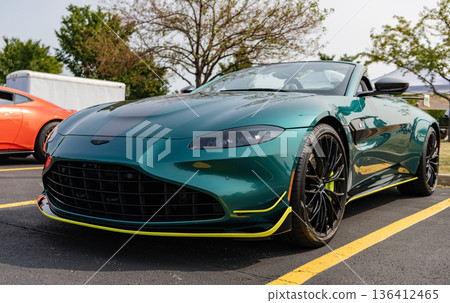 Chicago, Illinois, USA - September 08, 2024: 2023 Aston Martin V8 Vantage convertible car, corner view. Aston Martin V8 Vantage. Convertible Aston Martin V8 Vantage sportscar at Chicago Auto Show Chicago, Illinois, USA - September 08, 2024: 2023 Aston Martin V8 Vantage convertible car, corner view. Aston Martin V8 Vantage. Convertible Aston Martin V8 Vantage sportscar at Chicago Auto Show 136412465