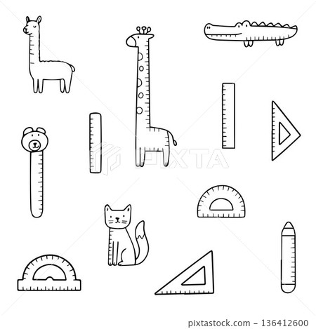 Vector illustration featuring cute animals and various rulers in a playful arrangement. Includes a giraffe, cat, bear, llama, crocodile, and geometric tools for educational themes. Vector illustration featuring cute animals and various rulers in a playful arrangement. Includes a giraffe, cat, bear, llama, crocodile, and geometric tools for educational themes. 136412600