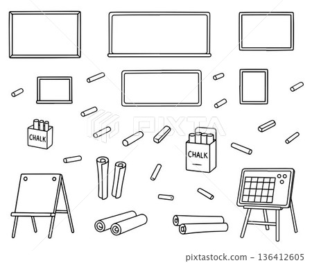 Vector illustration featuring chalkboards, chalk, rolled papers, and easels. An educational theme depicting various school supplies for classroom and learning environments. 136412605