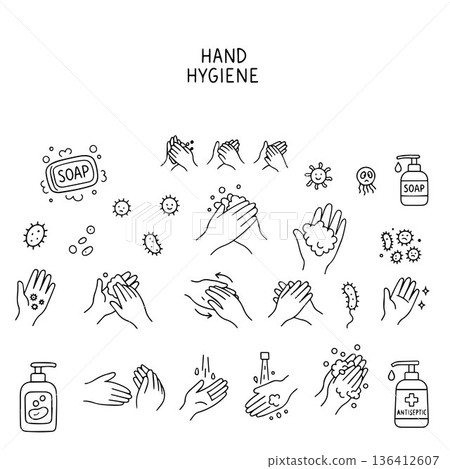 Hand hygiene steps using soap and water, featuring various washing techniques . This vector illustration emphasizes cleanliness, safety, and proper handwashing practices. 136412607