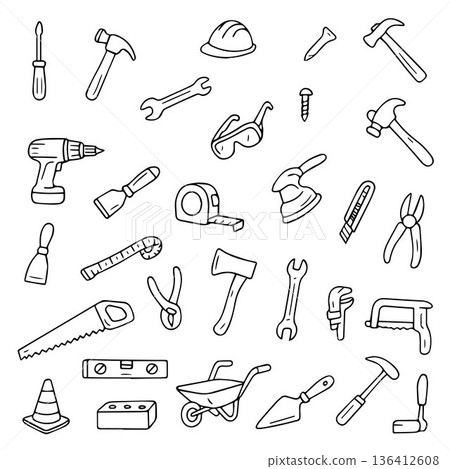 Black and white vector illustration featuring a diverse collection of construction tools. Includes hammer, screwdriver, drill, hard hat, safety glasses, and more essential items for projects. 136412608