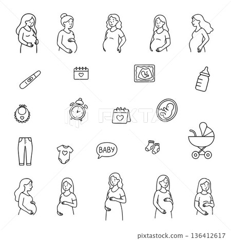 Vector illustration depicting various pregnancy stages and baby-related icons, including a pregnant woman, ultrasound, baby bottle, and stroller. Ideal for maternity and parenting themes. 136412617