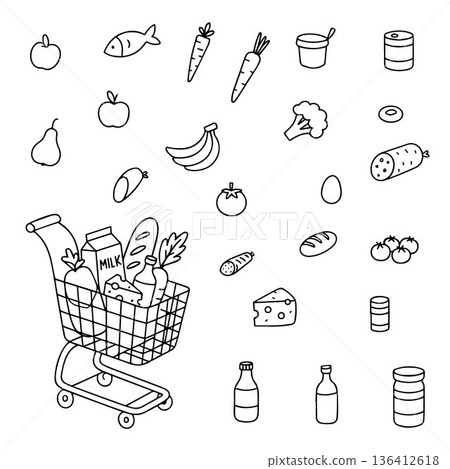 Vector illustration of a shopping cart filled with various groceries including milk, bread, and vegetables surrounded by separate food items such as fruit, vegetables, and canned goods. Vector illustration of a shopping cart filled with various groceries including milk, bread, and vegetables surrounded by separate food items such as fruit, vegetables, and canned goods. 136412618