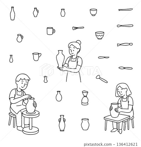 Vector illustration showing individuals involved in pottery making. Different stages of pottery creation are depicted, featuring various tools and expressions of focus and creativity. Vector illustration showing individuals involved in pottery making. Different stages of pottery creation are depicted, featuring various tools and expressions of focus and creativity. 136412621